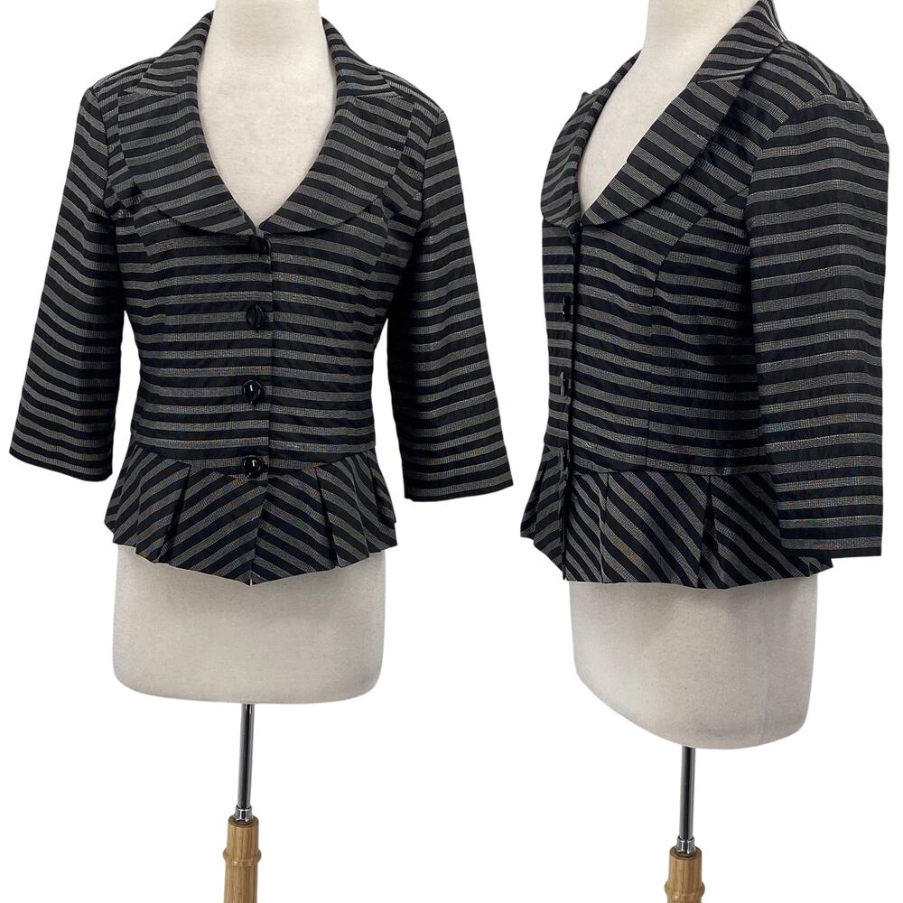 Samuel Dong Blazer Jacket Pleated Peplum Stitching Stripes Pattern Black Medium